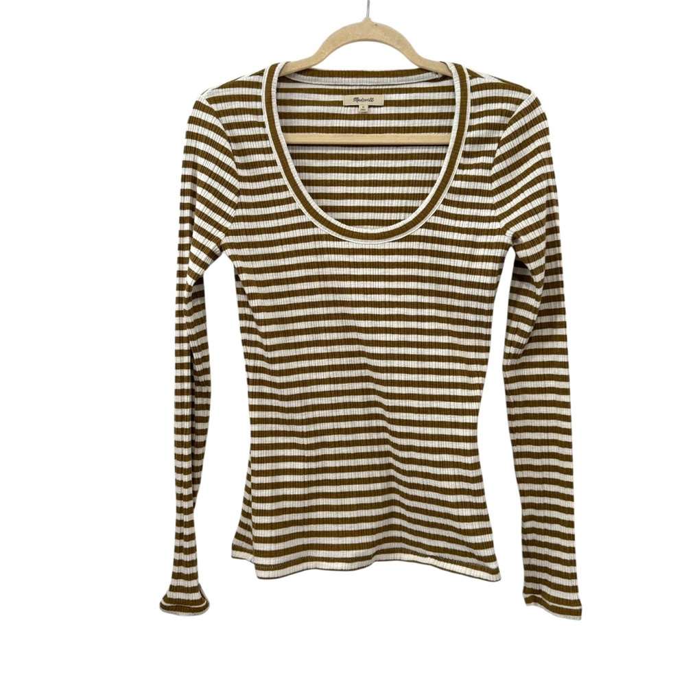 Madewell Medium Tan White Striped Ribbed Scoop Neck Long Sleeve Top Cotton